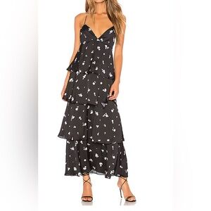 Bardot Black Tiered Cocktail Dress with White Floral Design